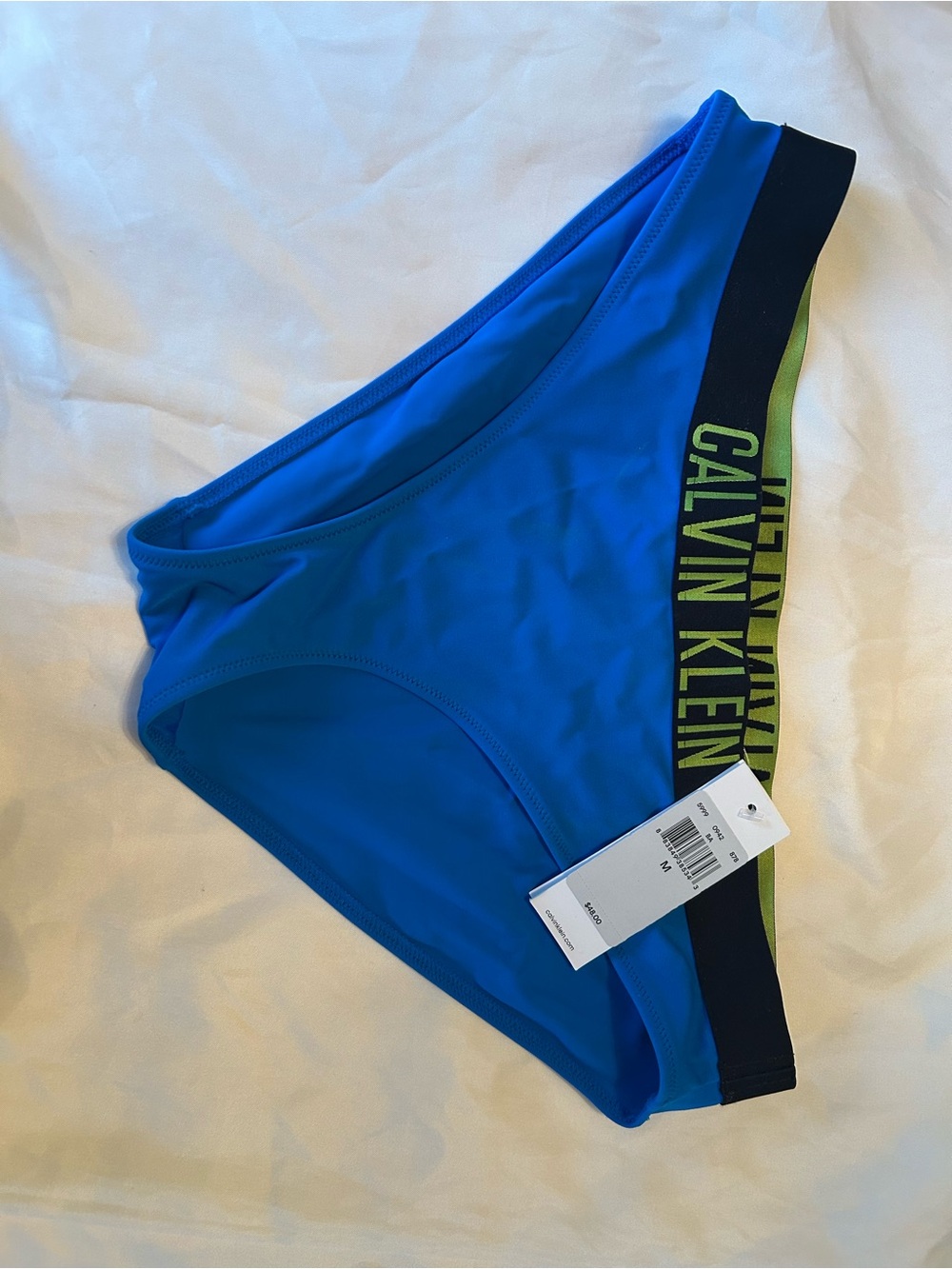 Calvin Klein Blue Swim Bikini Bottom with Neon Green Logo Waistband
